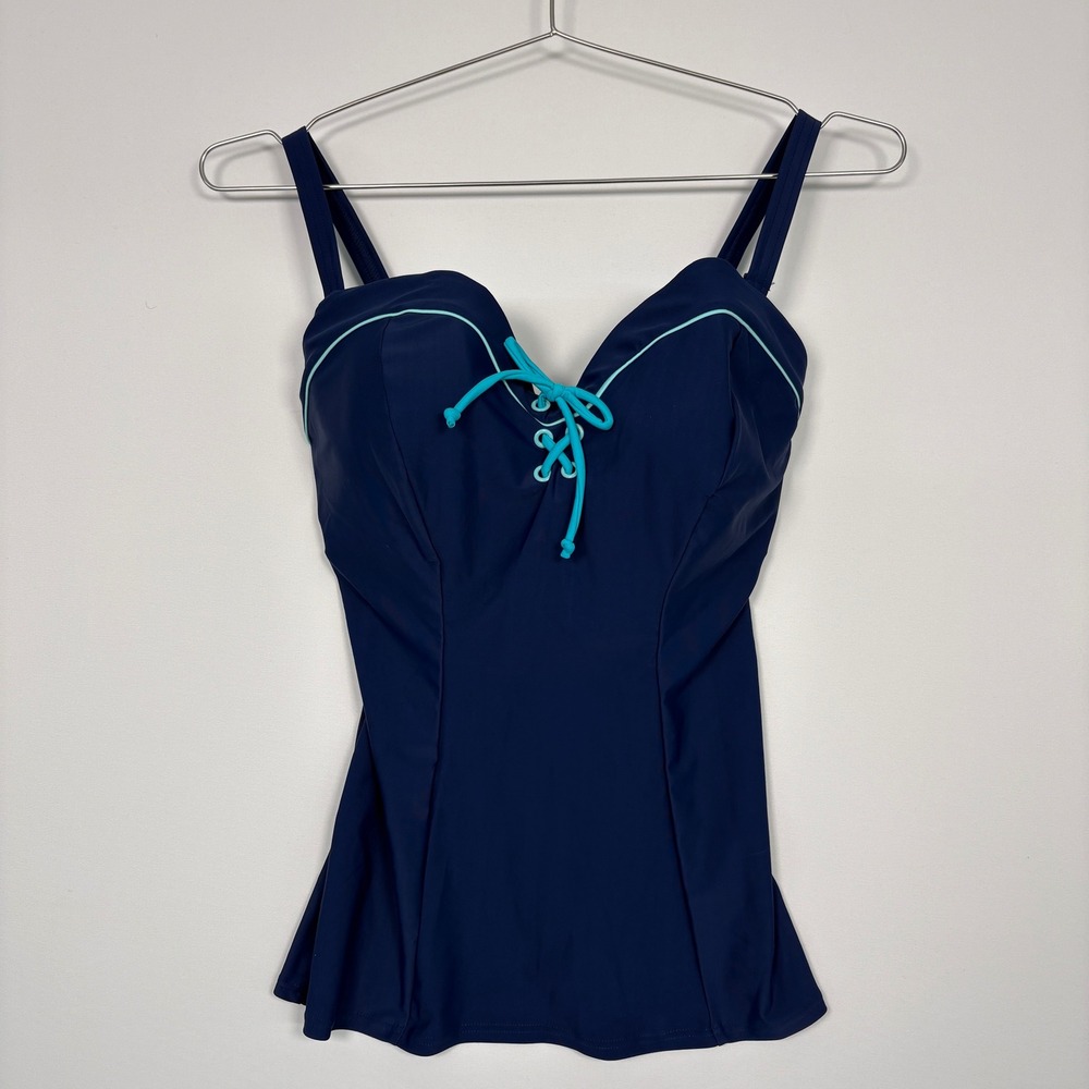 Curvy Kate Womens Tankini 32G Navy Set Sail Bandeau Lace Up CS4056 Pin Up Retro